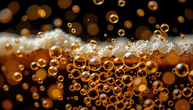 Refreshing draft beer with golden bubbles in a brewery capturing foam and cheerful liquid moments