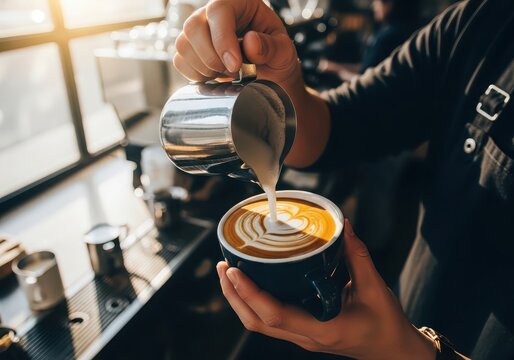 Barista pouring steamed milk into espresso to create latte art in a cafe, close-up shot.