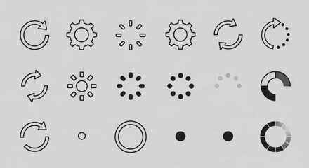 Set of various black outline and solid icon symbols representing loading, refreshing, processing, setting, and circular progress indicator element