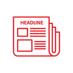 Red outline icon of a newspaper with the word headline on it, representing news, information, and current events in a simple graphic style.