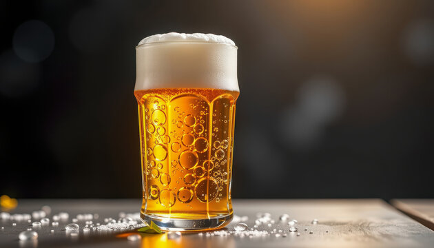 Refreshing draft beer with bubbles and foam in a cheerful brewery environment