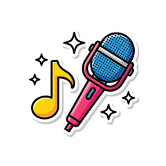 A vibrant cartoon microphone with a musical note and sparkling stars, representing performance and audio recording, isolated on white.