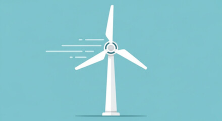 Minimalist illustration of a white wind turbine generating clean energy against a solid light blue background, symbolizing renewable power