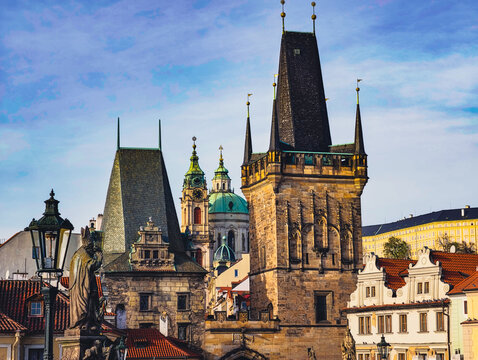 Prague Old Town Gothic Tower with Baroque Domes and Red Roofs Historic European Architecture, Travel Landmark, Cultural Heritage, Czech Republic