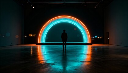 Silhouette of person stands before neon semicircle installation in dark room