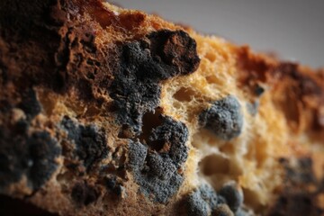 Fototapeta premium Decay and renewal seen in moldy bread textures highlighting the cycle of life in a kitchen setting