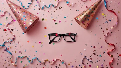 Funny party celebration with glasses and confetti falling, great memories, pink background