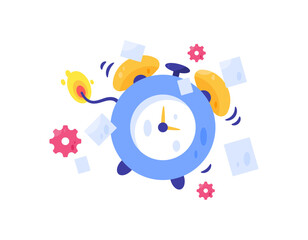 The concept of time management and deadlines. An alarm or reminder about deadlines. An illustration of a clock bomb with scattered assignment papers. Flat design style. White background.