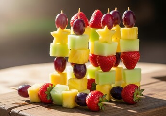 Colorful fruit skewers with strawberries, grapes, pineapple, and melon on a wooden surface.