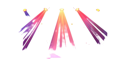 Vivid stage lights burst forth from above, painting the darkness with vibrant hues