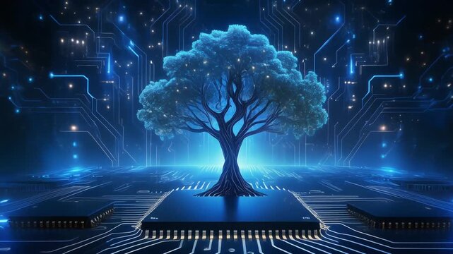 Blue abstract circuit board electronic hi-tech growing tree