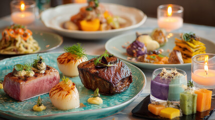 Elegantly Plated Fine Dining Experience: Gourmet Steak and Scallops Served on a Teal Plate with Artistic Garnishes, Accompanied by Candles and Modern Culinary Desserts