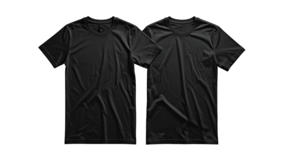Two black short-sleeved t-shirts, front and back, displayed against a black backdrop