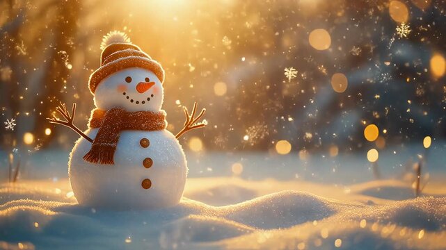A cheerful snowman standing in a snowy field at sunset. The warm golden light illuminates 
