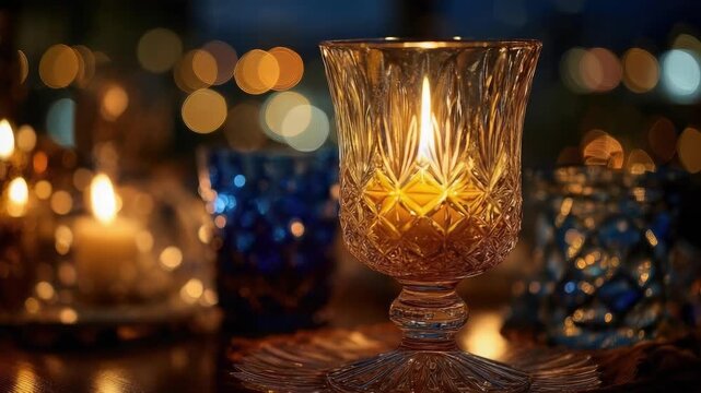 Crystal goblet candle holder with a lit candle, surrounded by warm bokeh lights.