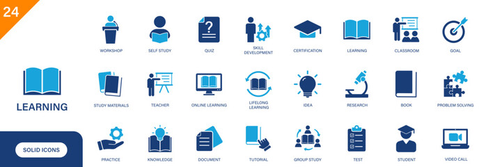 Learning icon. Including self study, online learning, teacher, book, knowledge, education. Solid vector icon set.