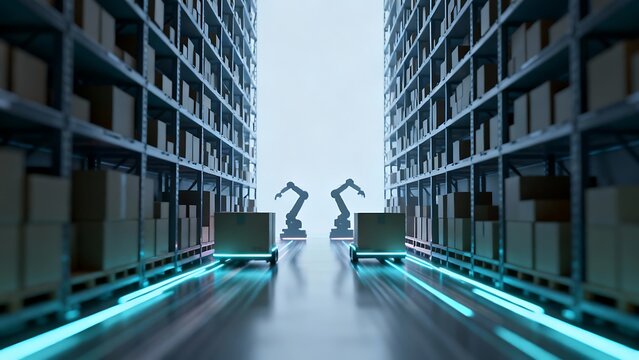 Generative AI robotic arms in automated warehouse operations. - Powered by Adobe