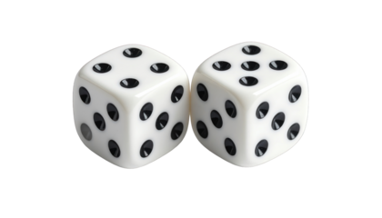 Two white dice with black dots, isolated on a black background