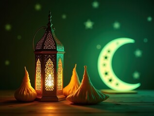 Ramadan lantern and glowing crescent moon with stars on dark background
