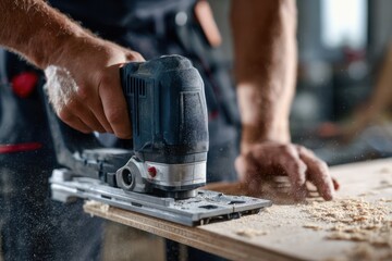 Worker cuts hole in laminate panel using a multitool in a workshop setting during daylight hours for furniture assembly