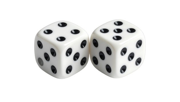 Two white dice with black dots, isolated on a black background