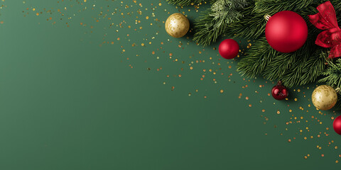 Christmas Banner With Fir Branches, Ornaments, And Gold Confetti On Green Background
