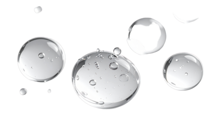 Several clear, transparent water droplets of various sizes on a black background