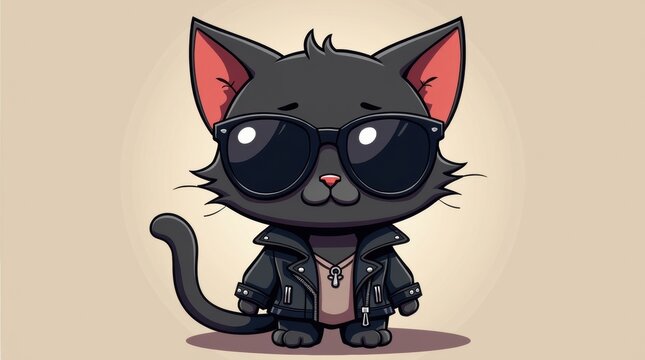 Cool black cat wearing sunglasses and a leather jacket