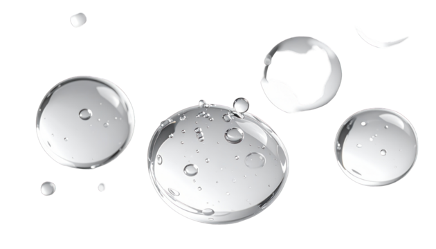 Several clear, transparent water droplets of various sizes on a black background