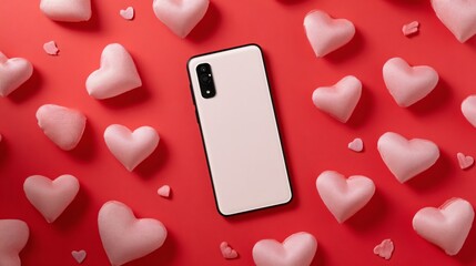A smartphone on a red background surrounded by pink heart-shaped decorations. The scene conveys a romantic theme, ideal for Valentine's Day.