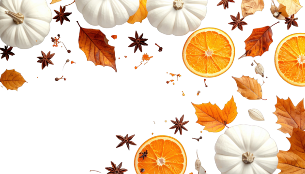 Overhead shot of pumpkins, orange slices, leaves, spices against black