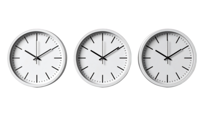 Three identical white clocks with black hands and markers, on black background