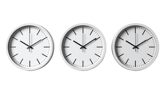 Three identical white clocks with black hands and markers, on black background
