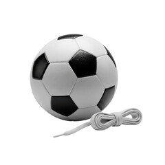 Premium, pristine black and white soccer ball and coiled white shoelace, isolated on a seamless transparent background with bright studio lighting, commercial product showcase concept
