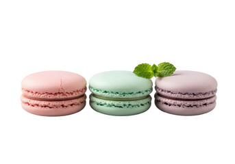 Three gourmet macarons (pink, mint green, lavender) with delicate "foot" and mint leaf, on a seamless transparent studio background, no shadows, macro shot. Concept for luxury dessert advertising