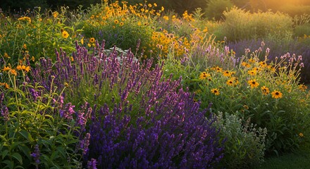 Lush colorful garden with various wildflowers basking in golden hour light, peaceful scene