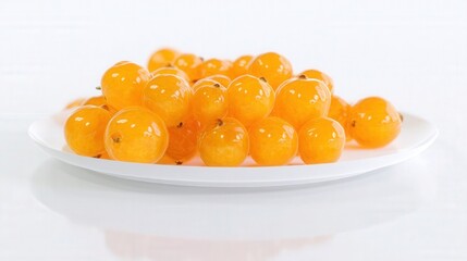 Fresh golden cloudberries on white plate isolated. Generative AI
