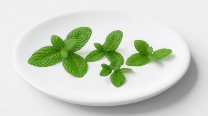 Fresh mint leaves on a white plate isolated. Generative AI