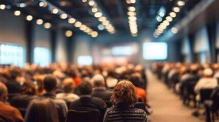Back View Of Large Conference Hall Packed With Attentive Audience Under Bright Stage Lights