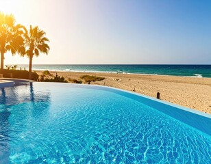 Tropical infinity pool with beach and ocean view at sunset
