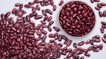 Red kidney beans isolated on white background in bowl and scattered. Generative AI