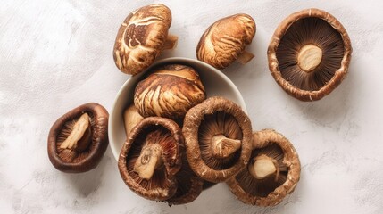 Fresh shiitake mushrooms isolated on white background top view. Generative AI