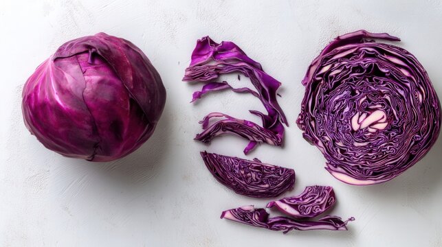 Fresh Red Cabbage Whole and Sliced on White Background Isolated. Generative AI