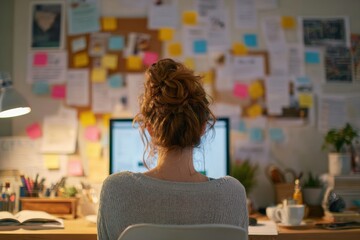 Woman focused on work in a well-organized home office surrounded by notes and a computer screen during the day