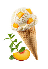 Perfectly formed creamy vanilla ice cream scoop with vibrant peach chunks, in a golden waffle cone, accented by a ripe peach segment and fresh mint sprig, on transparent, commercial food concept