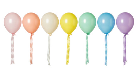 Seven pastel helium balloons with satin ribbons in a linear horizontal row, isolated on a clean transparent studio background, elegant product display concept