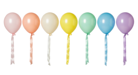 Seven pastel helium balloons with satin ribbons in a linear horizontal row, isolated on a clean transparent studio background, elegant product display concept