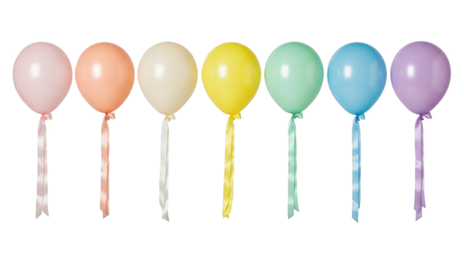 Seven pastel helium balloons with satin ribbons in a linear horizontal row, isolated on a clean transparent studio background, elegant product display concept