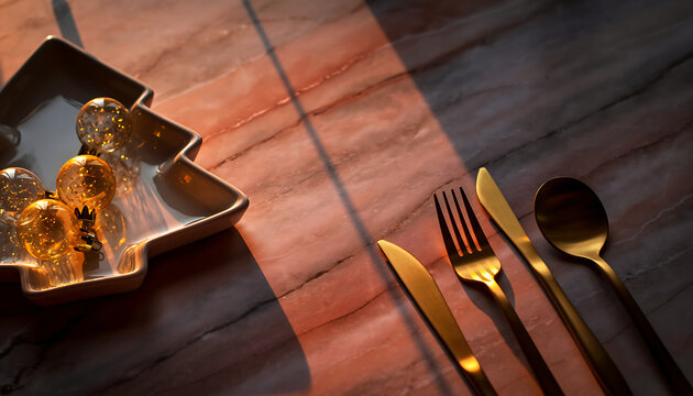 Elegant gold cutlery and Christmas ornaments create a festive and sophisticated holiday table setting, perfect for seasonal celebrations and winter gatherings