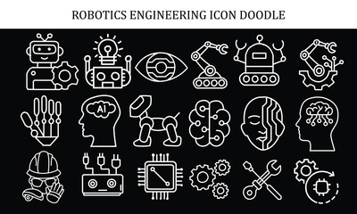 Modern robotics engineering icon set featuring AI, robots, cyborgs, automation arms, circuits, and tech doodles. Perfect for futuristic design, innovation projects, STEM visuals, apps, and education.